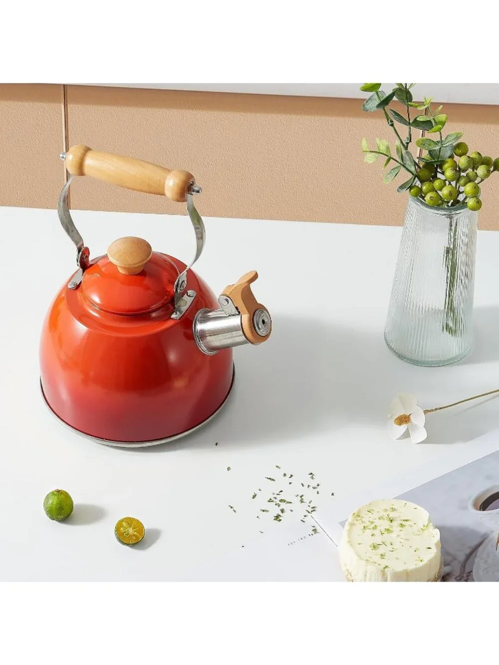 ROCKURWOK 1.6 Quart Red Whistling Tea Kettle Stainless Steel Stovetop Tea Pot